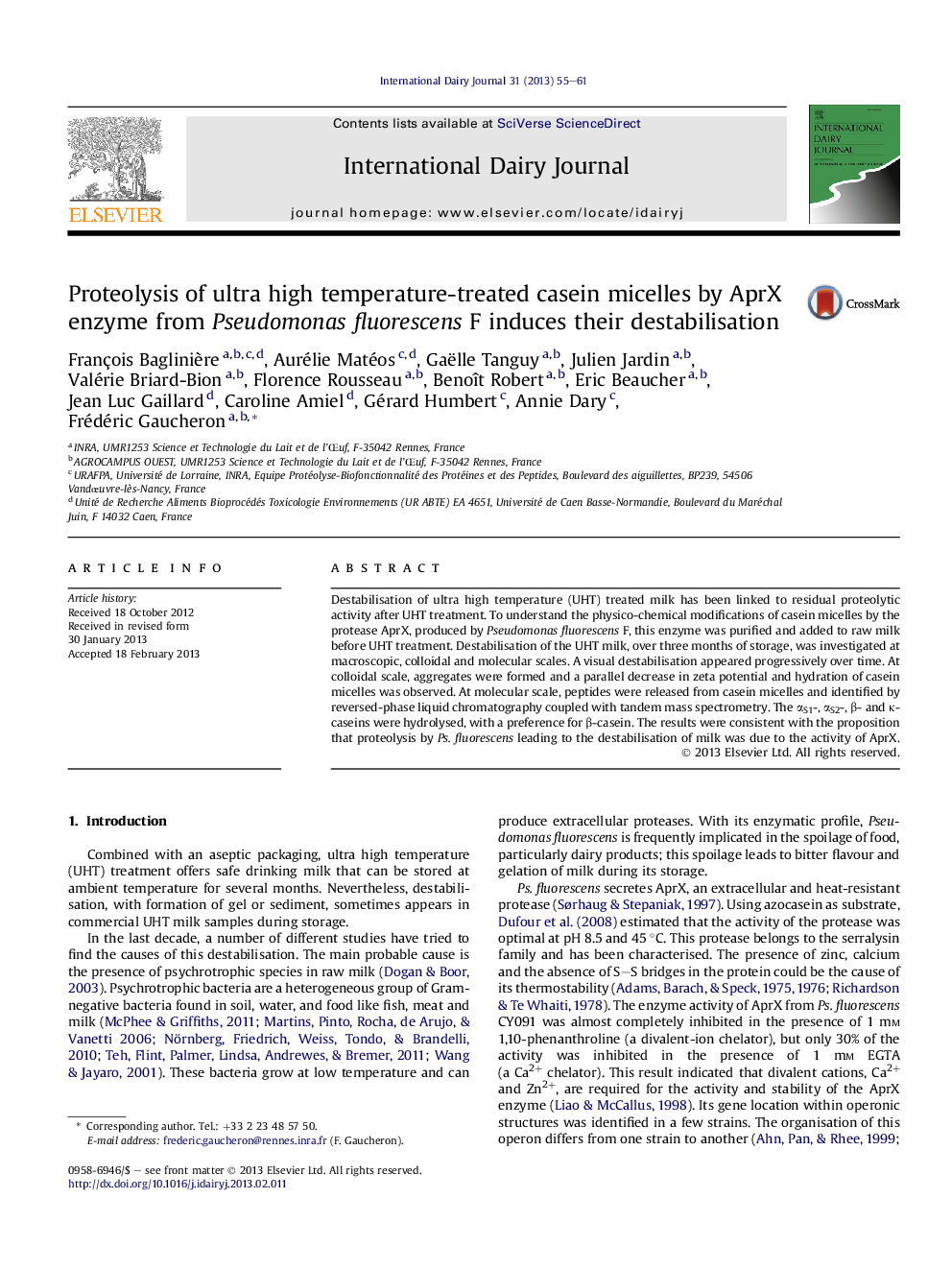 Proteolysis of ultra high temperature-treated casein micelles by AprX enzyme from Pseudomonas fluorescens F induces their destabilisation