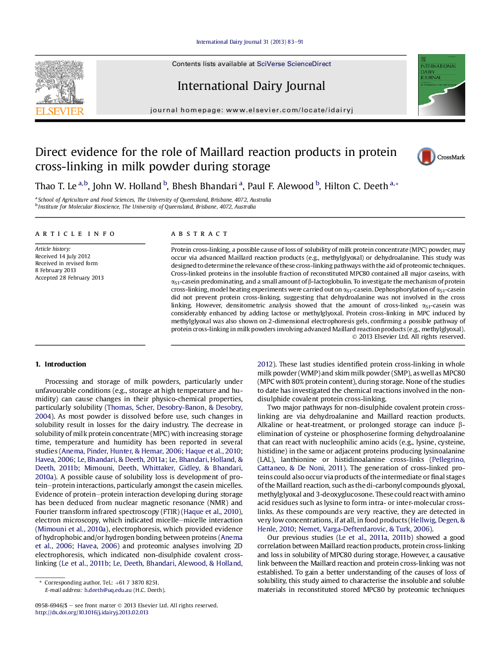 Direct evidence for the role of Maillard reaction products in protein cross-linking in milk powder during storage