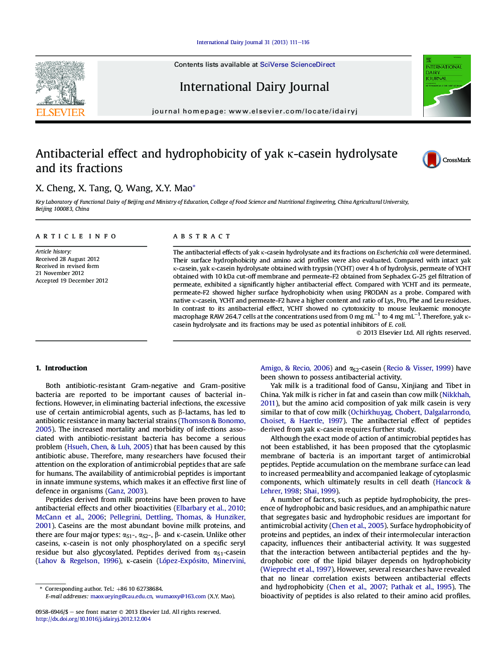 Antibacterial effect and hydrophobicity of yak κ-casein hydrolysate and its fractions