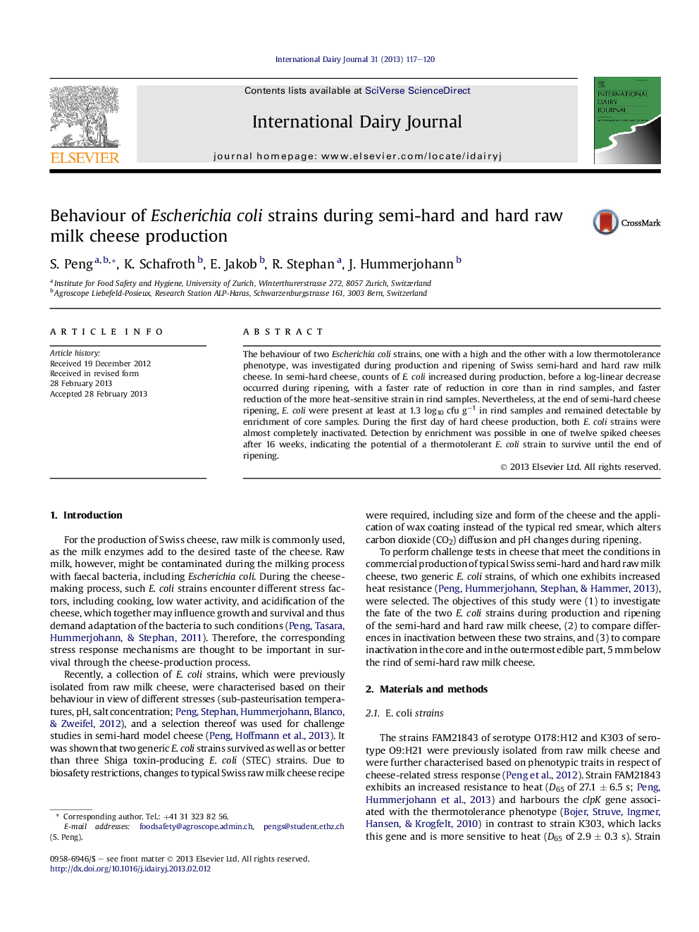 Behaviour of Escherichia coli strains during semi-hard and hard raw milk cheese production