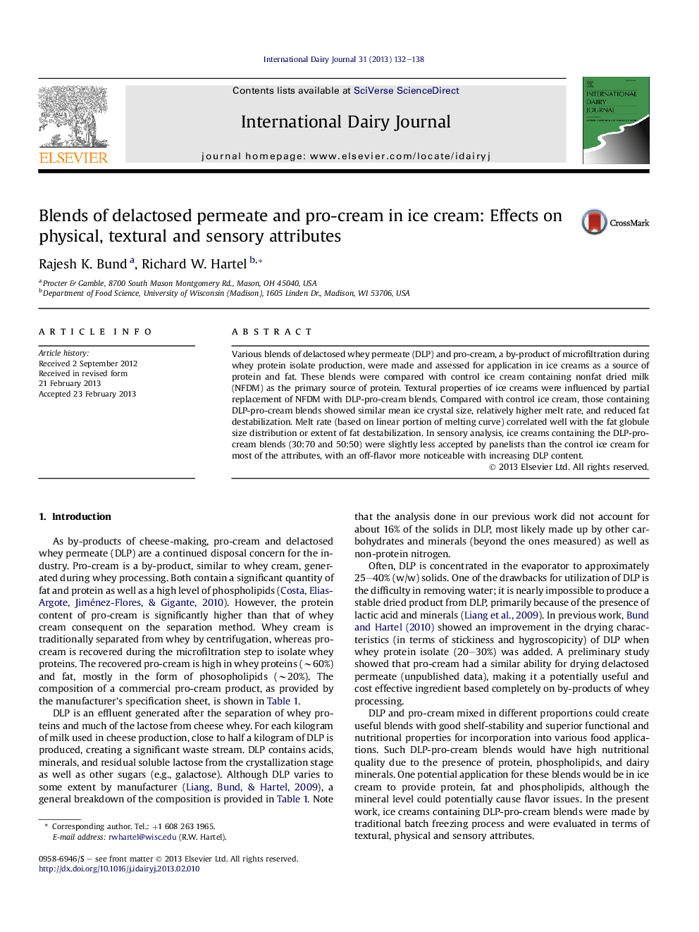 Blends of delactosed permeate and pro-cream in ice cream: Effects on physical, textural and sensory attributes