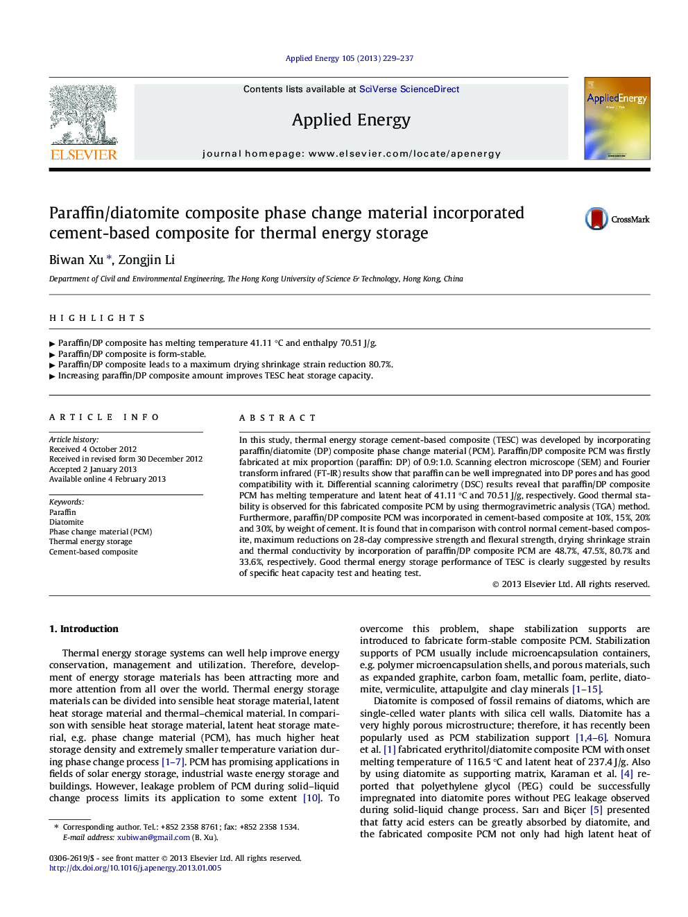 Paraffin/diatomite composite phase change material incorporated cement-based composite for thermal energy storage