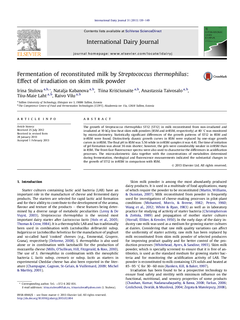 Fermentation of reconstituted milk by Streptococcus thermophilus: Effect of irradiation on skim milk powder