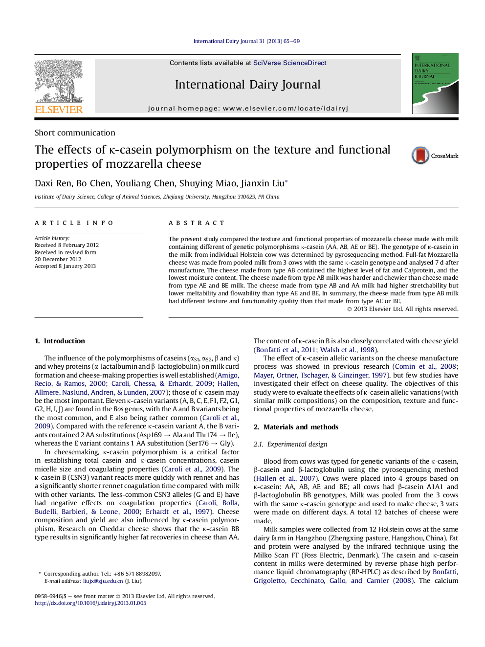 The effects of κ-casein polymorphism on the texture and functional properties of mozzarella cheese