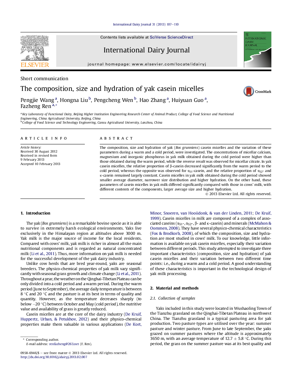 The composition, size and hydration of yak casein micelles