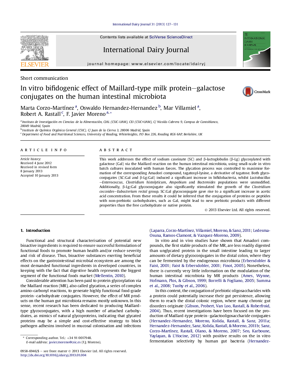 In vitro bifidogenic effect of Maillard-type milk protein–galactose conjugates on the human intestinal microbiota