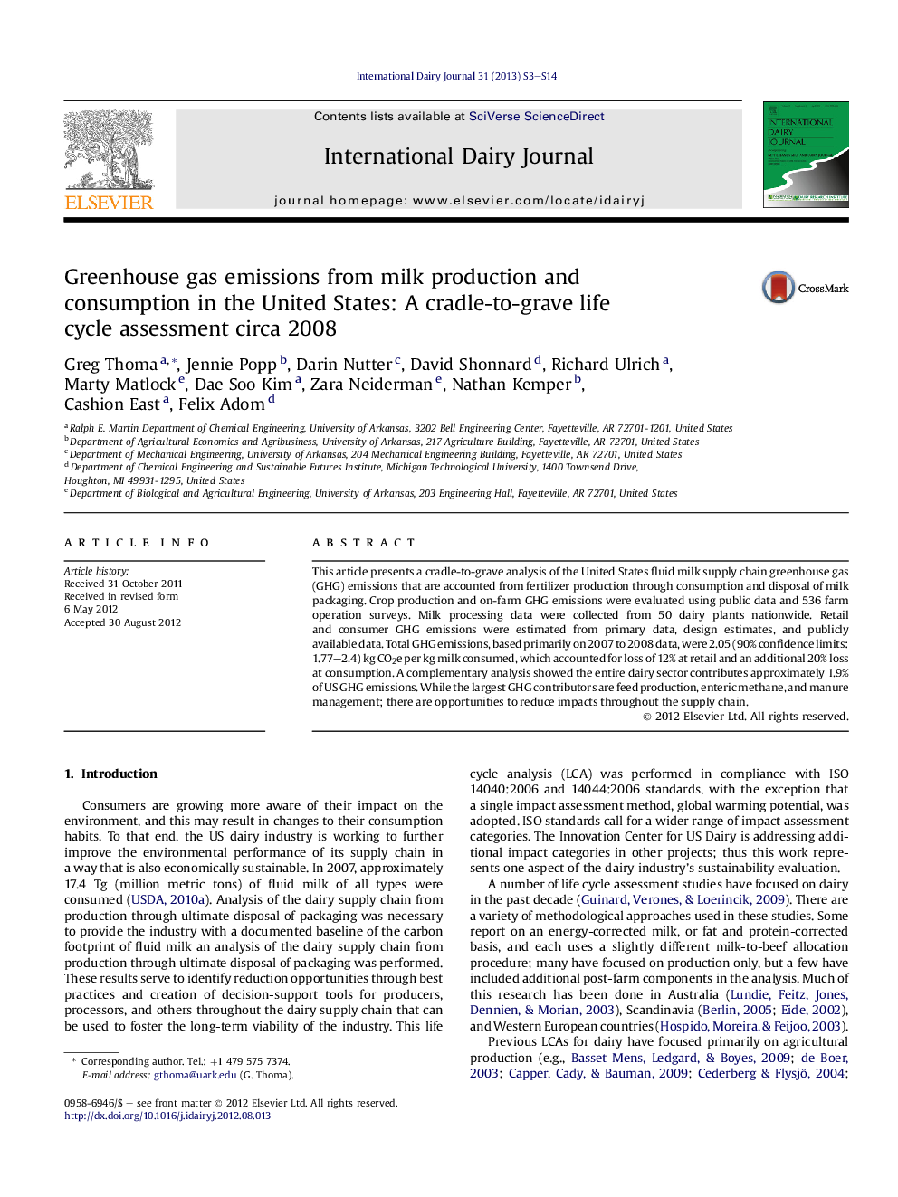 Greenhouse gas emissions from milk production and consumption in the United States: A cradle-to-grave life cycle assessment circa 2008