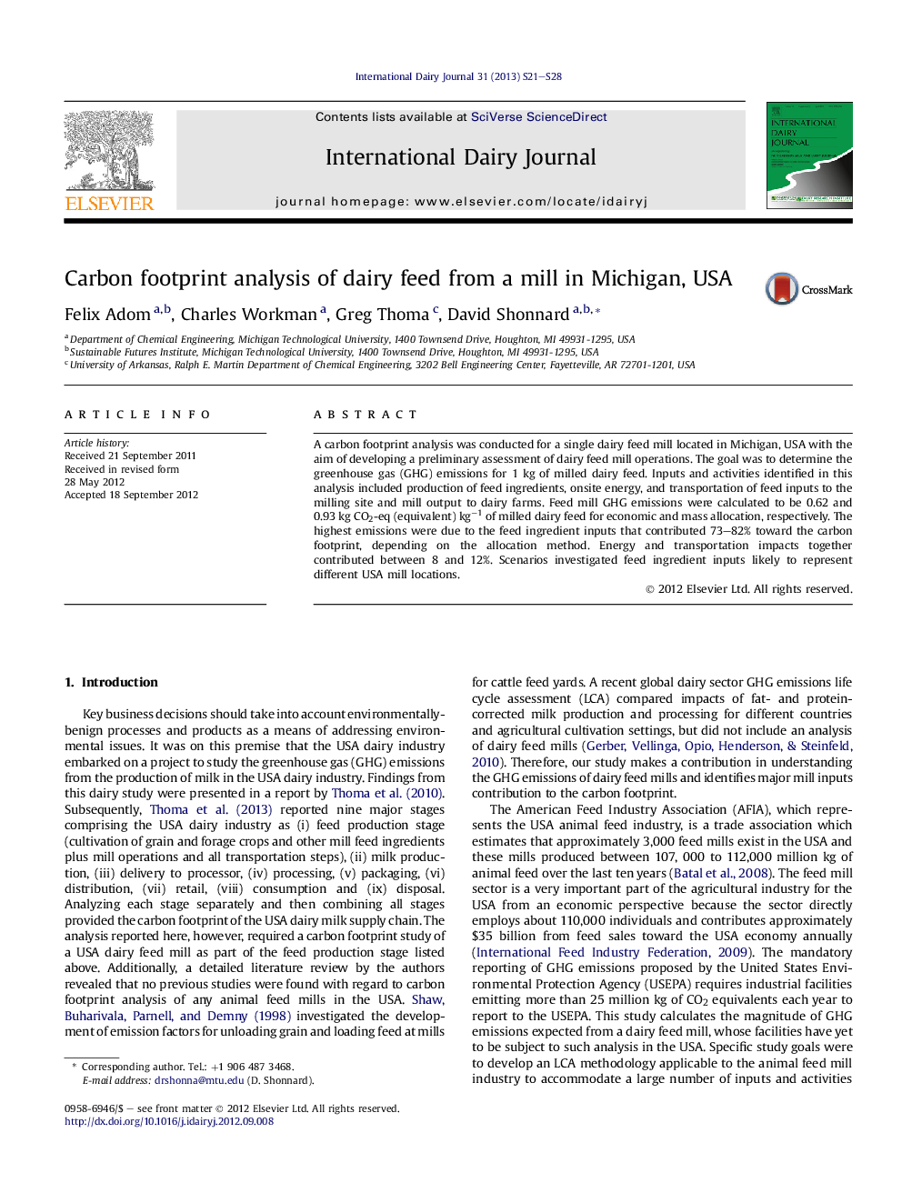 Carbon footprint analysis of dairy feed from a mill in Michigan, USA
