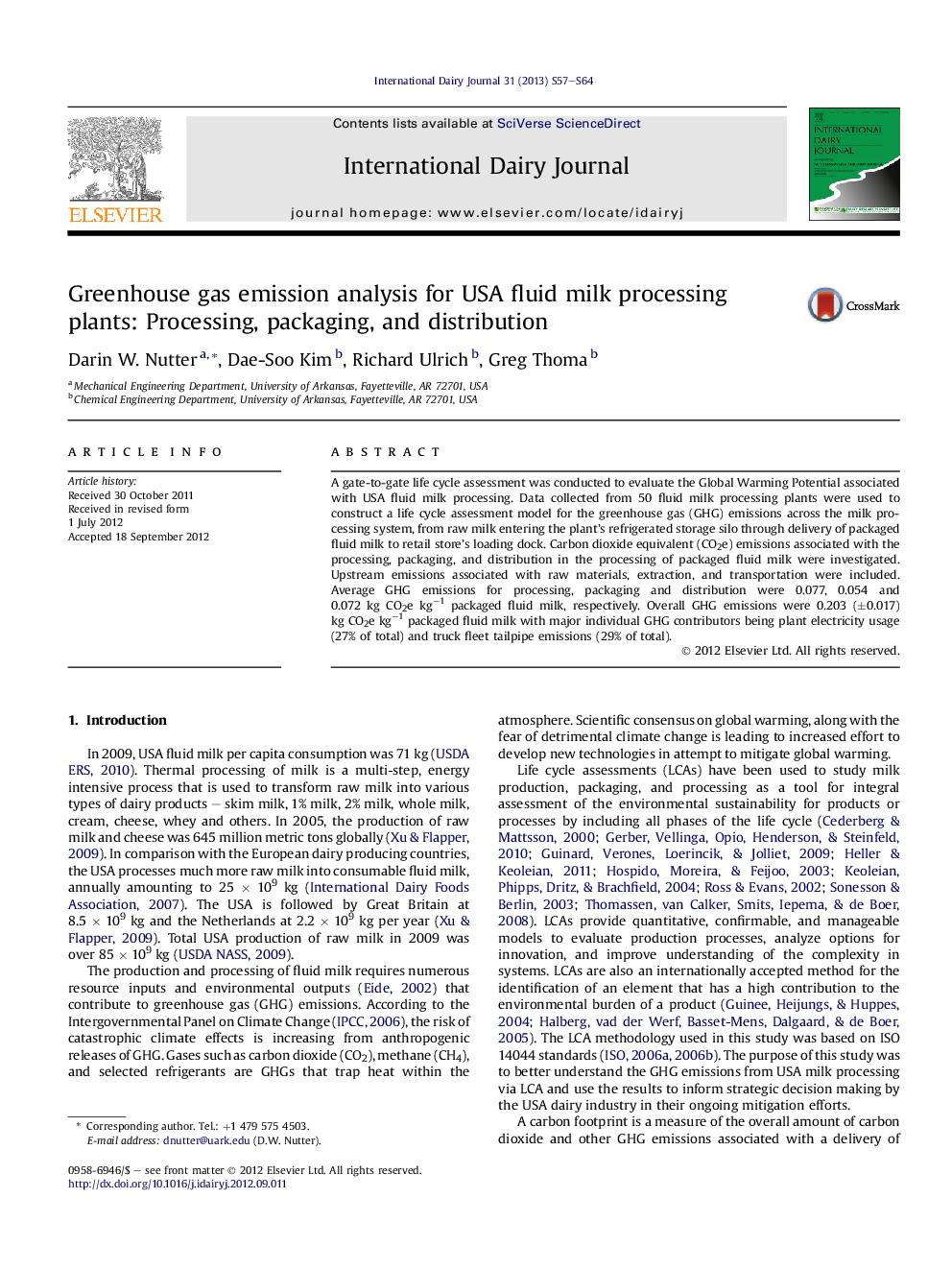 Greenhouse gas emission analysis for USA fluid milk processing plants: Processing, packaging, and distribution