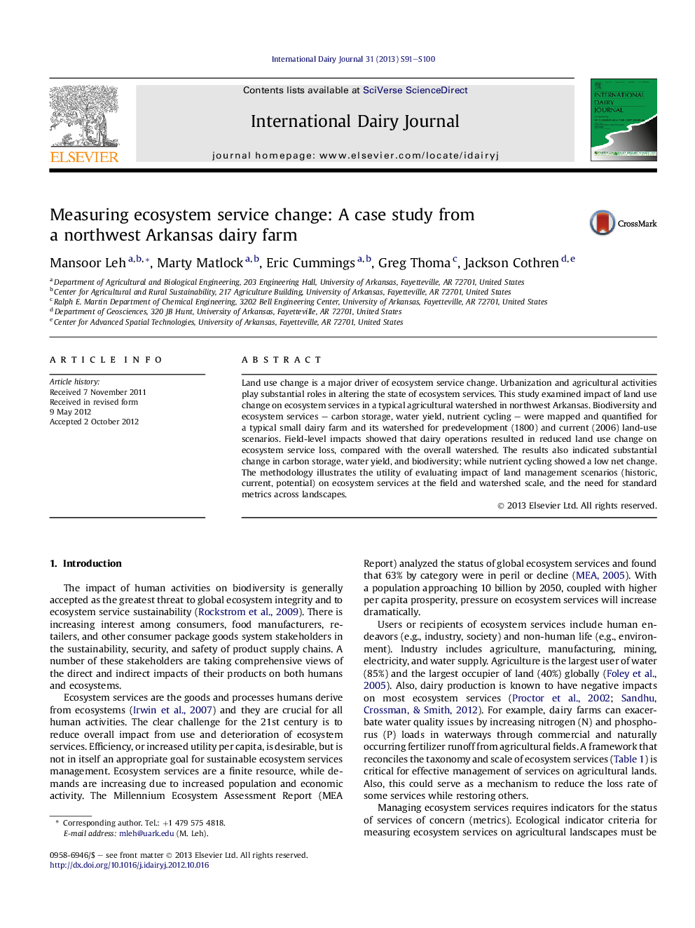 Measuring ecosystem service change: A case study from a northwest Arkansas dairy farm