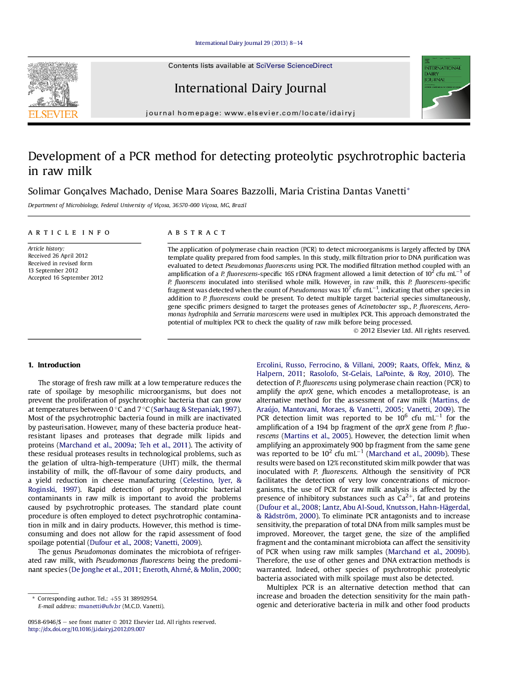 Development of a PCR method for detecting proteolytic psychrotrophic bacteria in raw milk