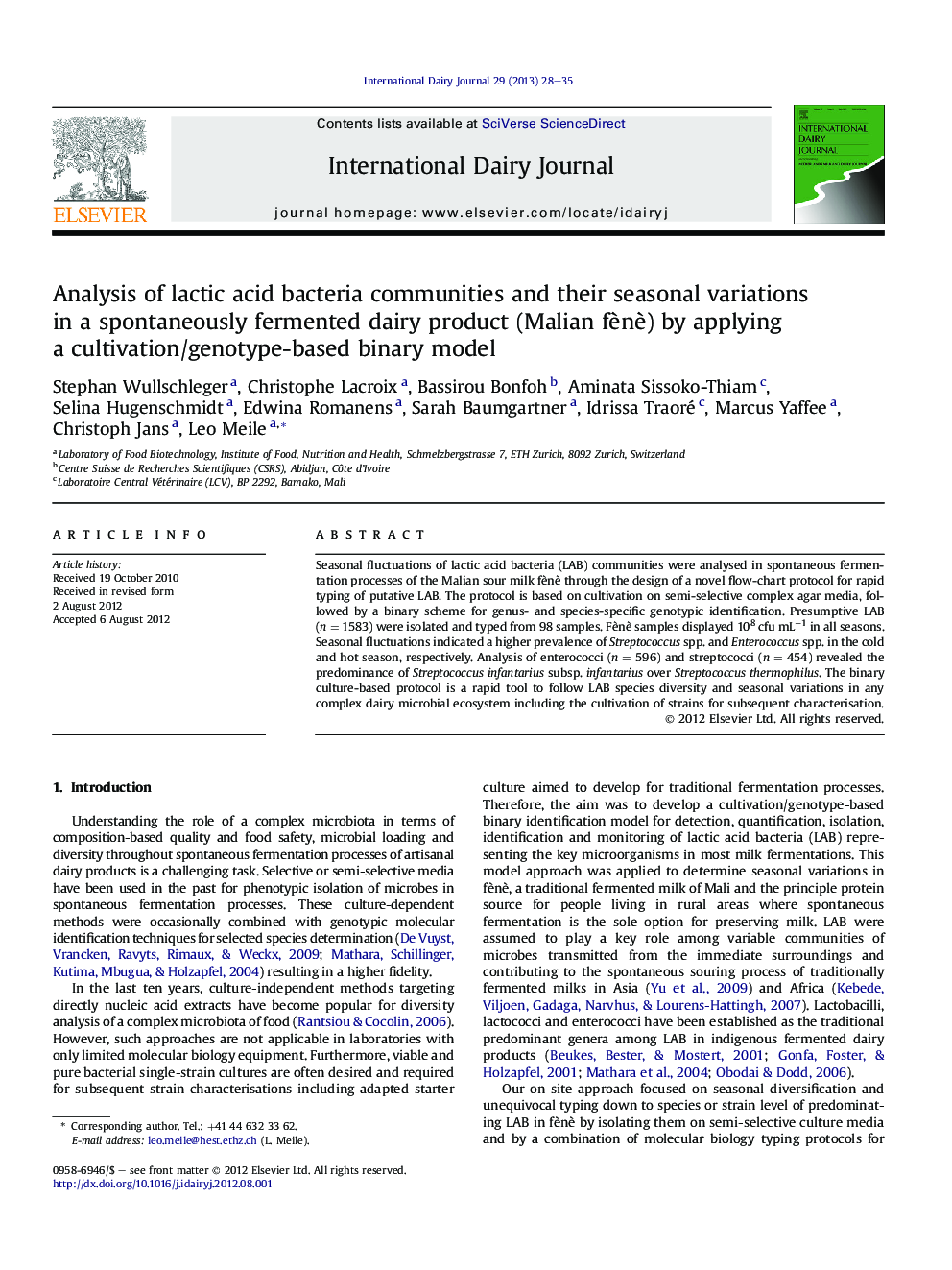 Analysis of lactic acid bacteria communities and their seasonal variations in a spontaneously fermented dairy product (Malian fènè) by applying a cultivation/genotype-based binary model