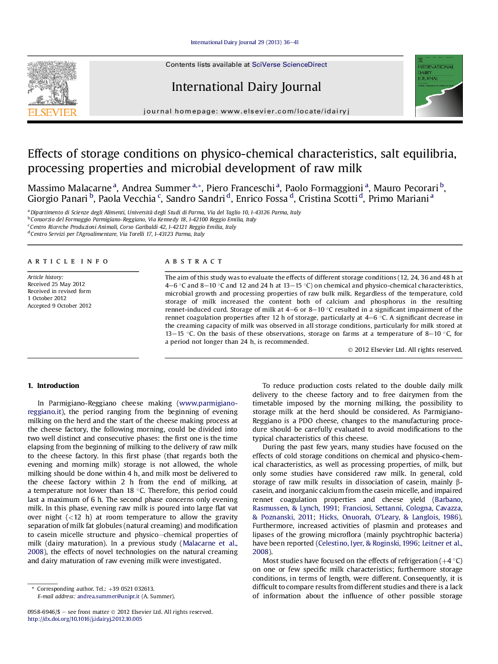 Effects of storage conditions on physico-chemical characteristics, salt equilibria, processing properties and microbial development of raw milk