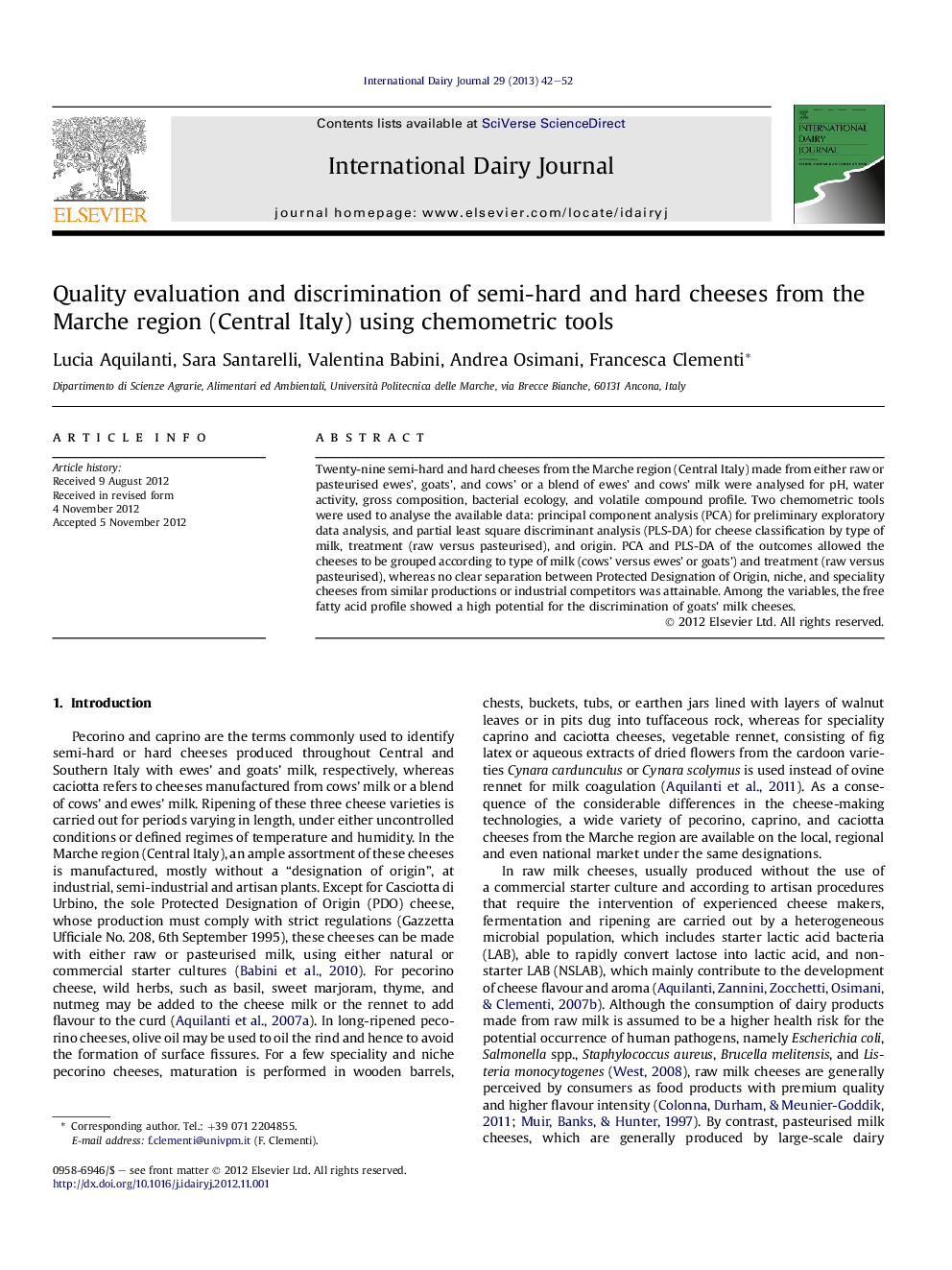 Quality evaluation and discrimination of semi-hard and hard cheeses from the Marche region (Central Italy) using chemometric tools