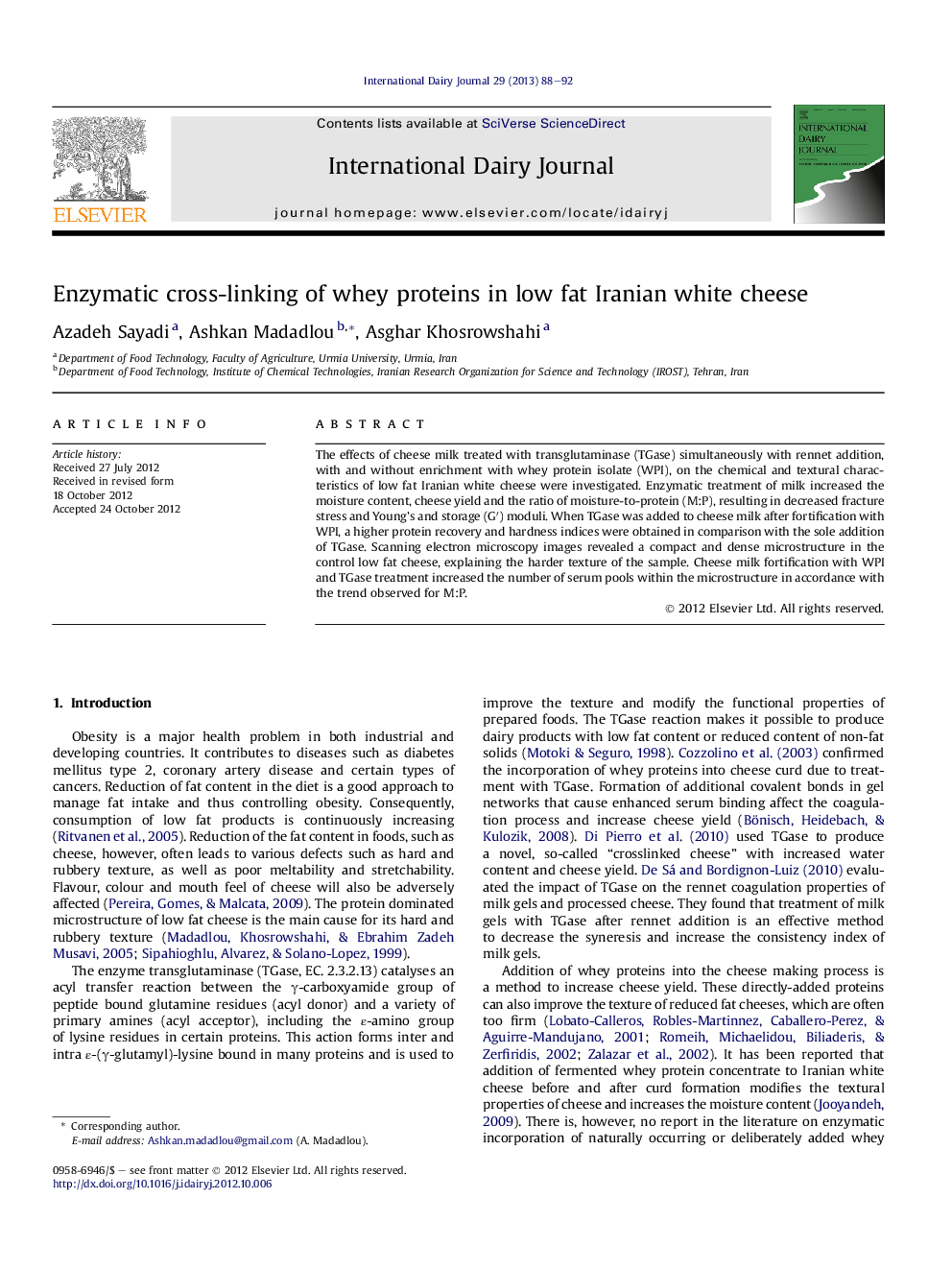 Enzymatic cross-linking of whey proteins in low fat Iranian white cheese