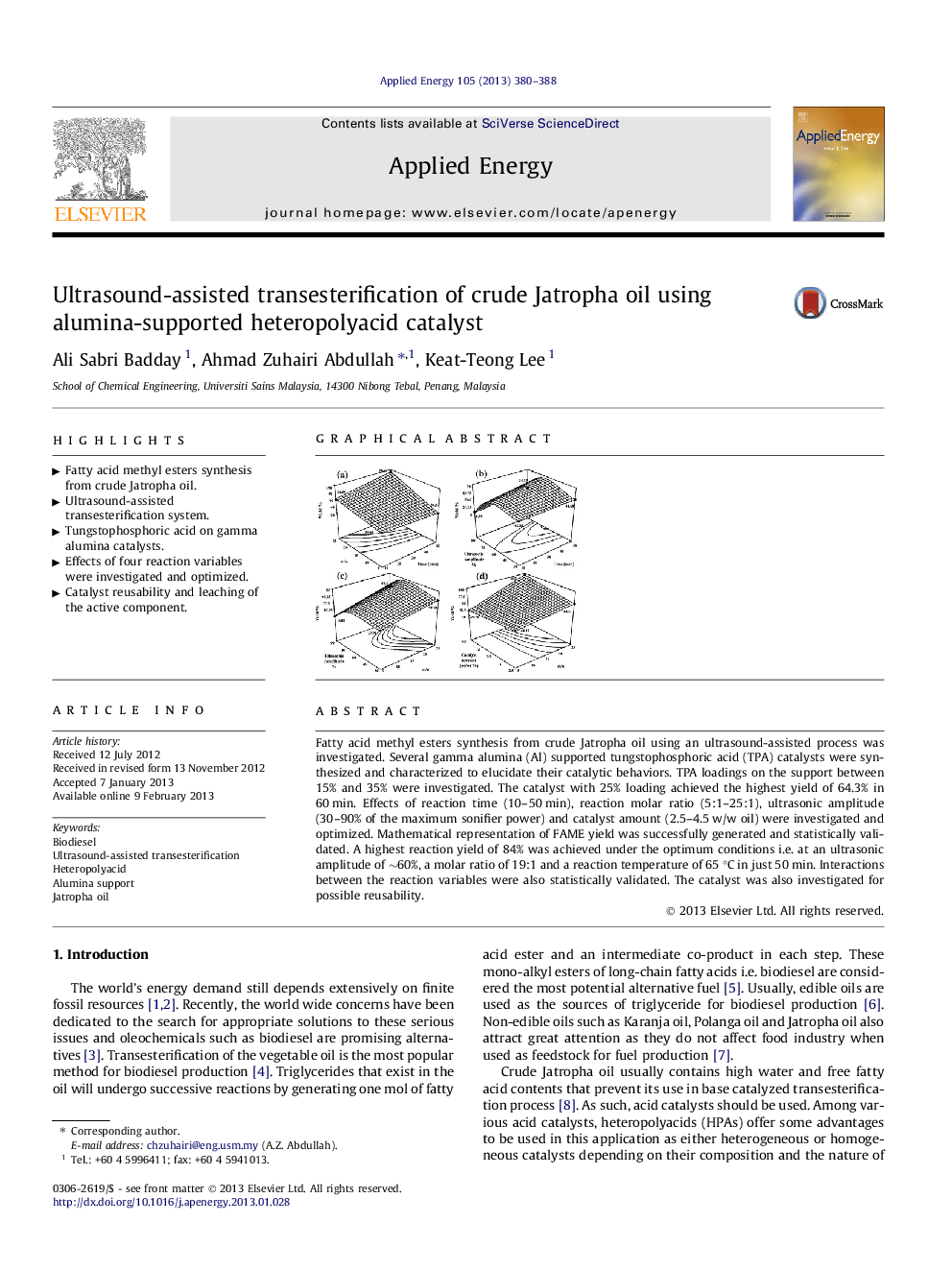 Ultrasound-assisted transesterification of crude Jatropha oil using alumina-supported heteropolyacid catalyst