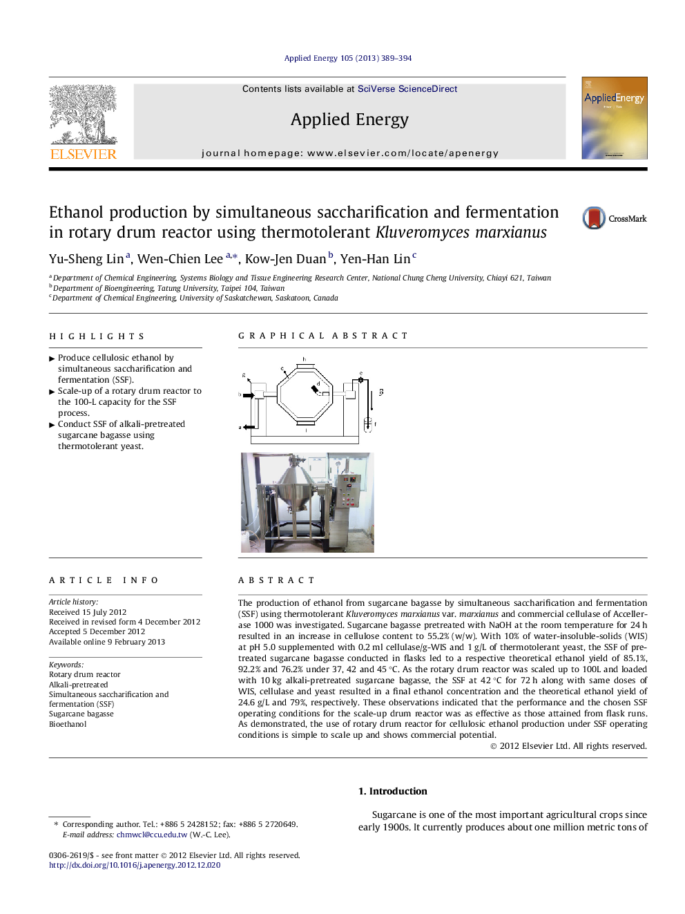 Ethanol production by simultaneous saccharification and fermentation in rotary drum reactor using thermotolerant Kluveromyces marxianus