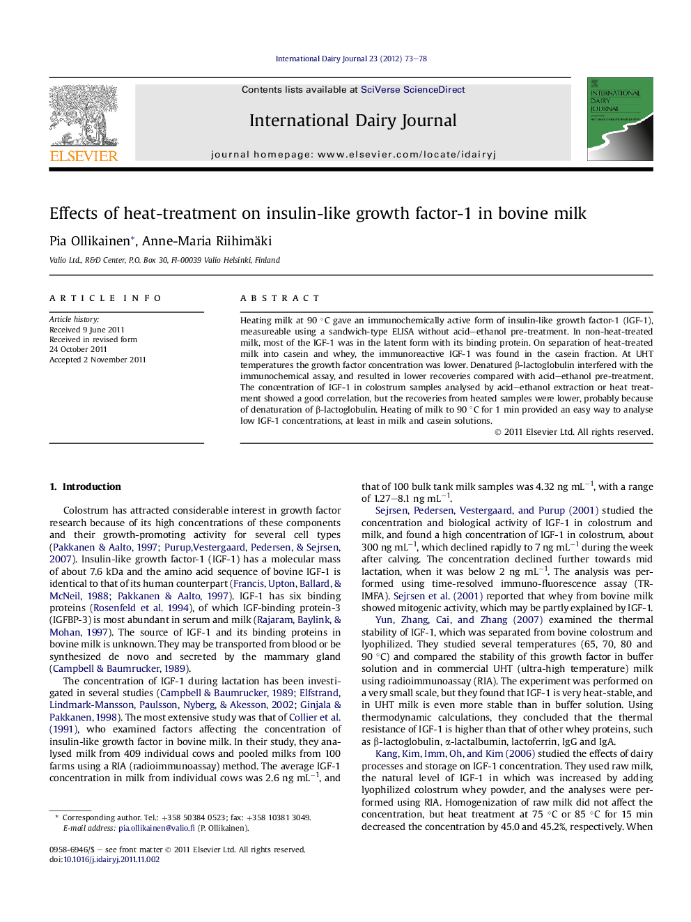 عکس صفحه اول مقاله: Effects of heat-treatment on insulin-like growth factor-1 in bovine milk Effects of heat-treatment on insulin-like growth factor-1 in bovine milk