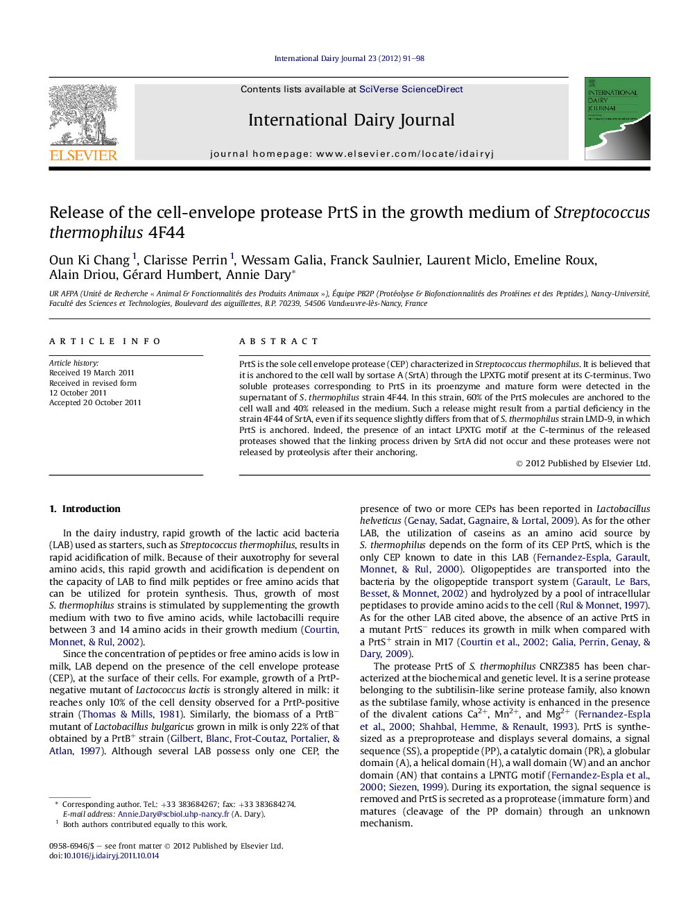 Release of the cell-envelope protease PrtS in the growth medium of Streptococcus thermophilus 4F44