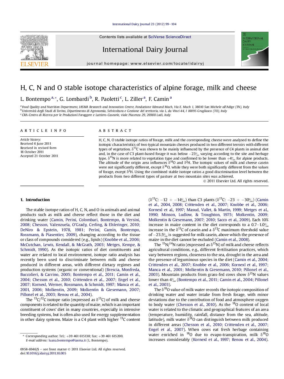 H, C, N and O stable isotope characteristics of alpine forage, milk and cheese