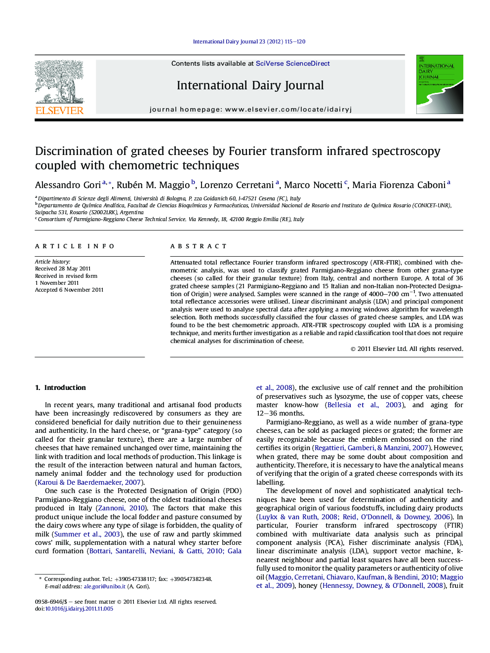 Discrimination of grated cheeses by Fourier transform infrared spectroscopy coupled with chemometric techniques