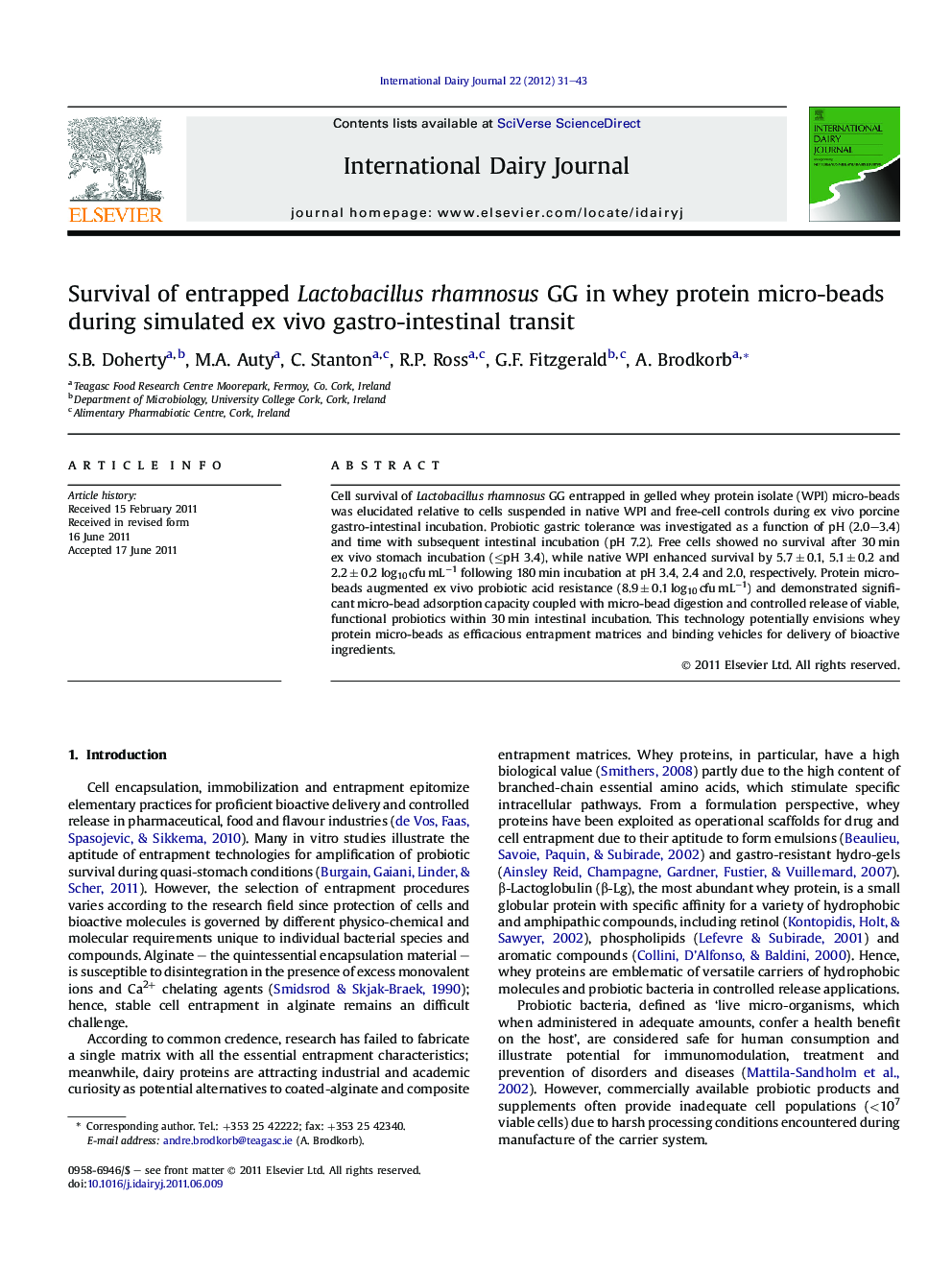 Survival of entrapped Lactobacillus rhamnosus GG in whey protein micro-beads during simulated ex vivo gastro-intestinal transit