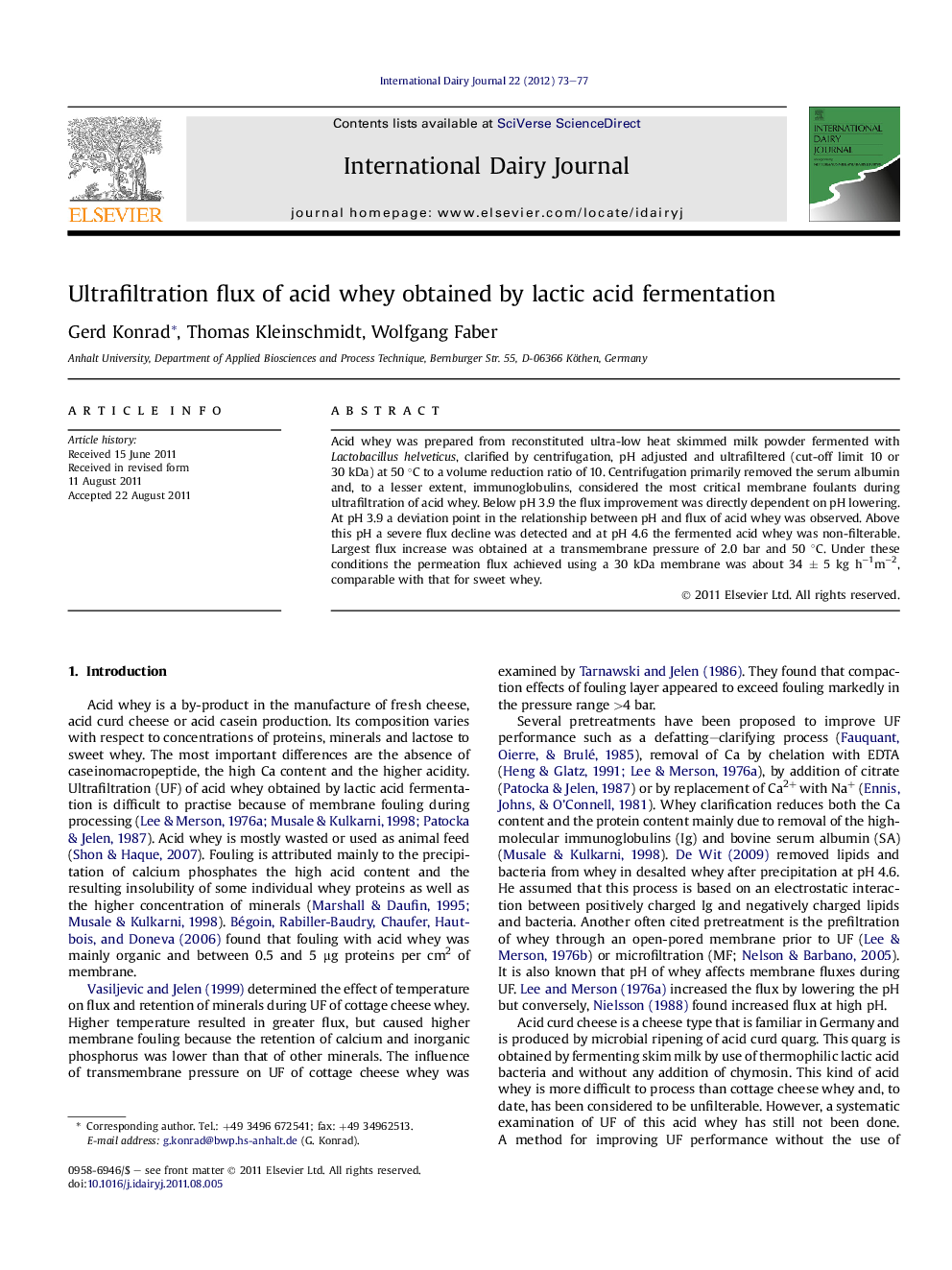 Ultrafiltration flux of acid whey obtained by lactic acid fermentation