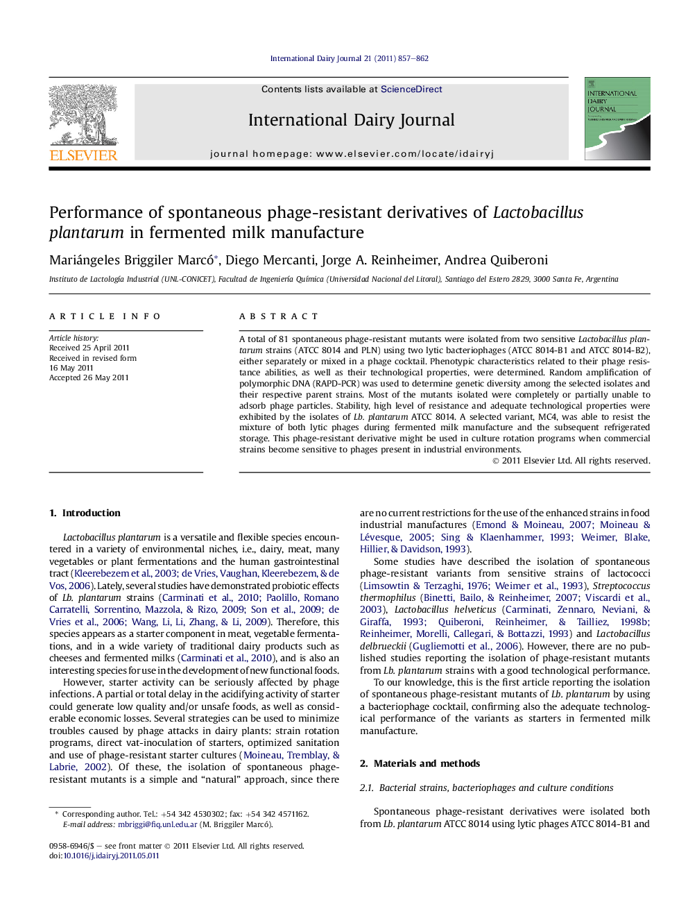 Performance of spontaneous phage-resistant derivatives of Lactobacillus plantarum in fermented milk manufacture