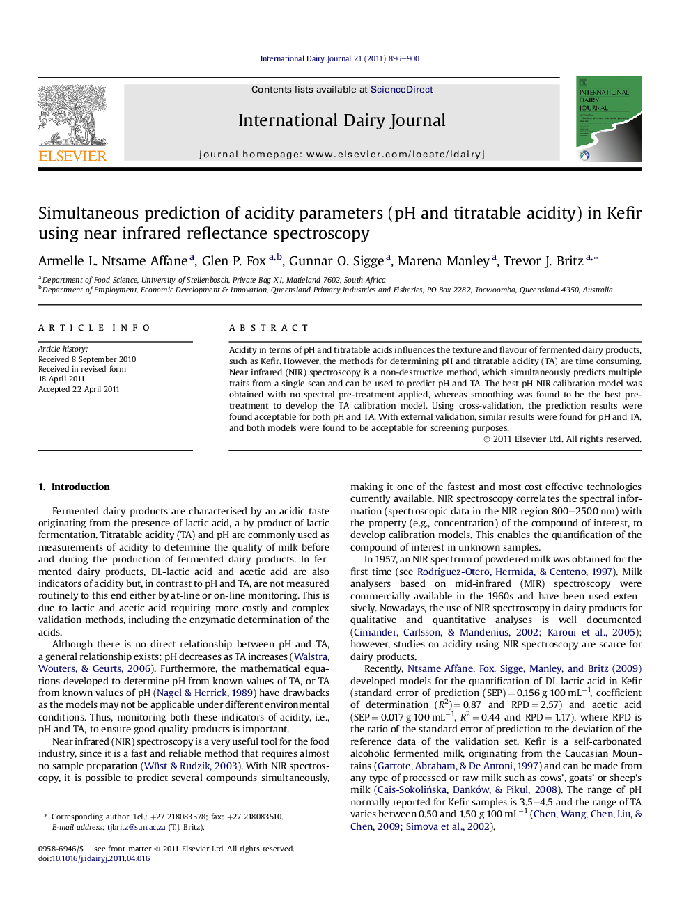 Simultaneous prediction of acidity parameters (pH and titratable acidity) in Kefir using near infrared reflectance spectroscopy