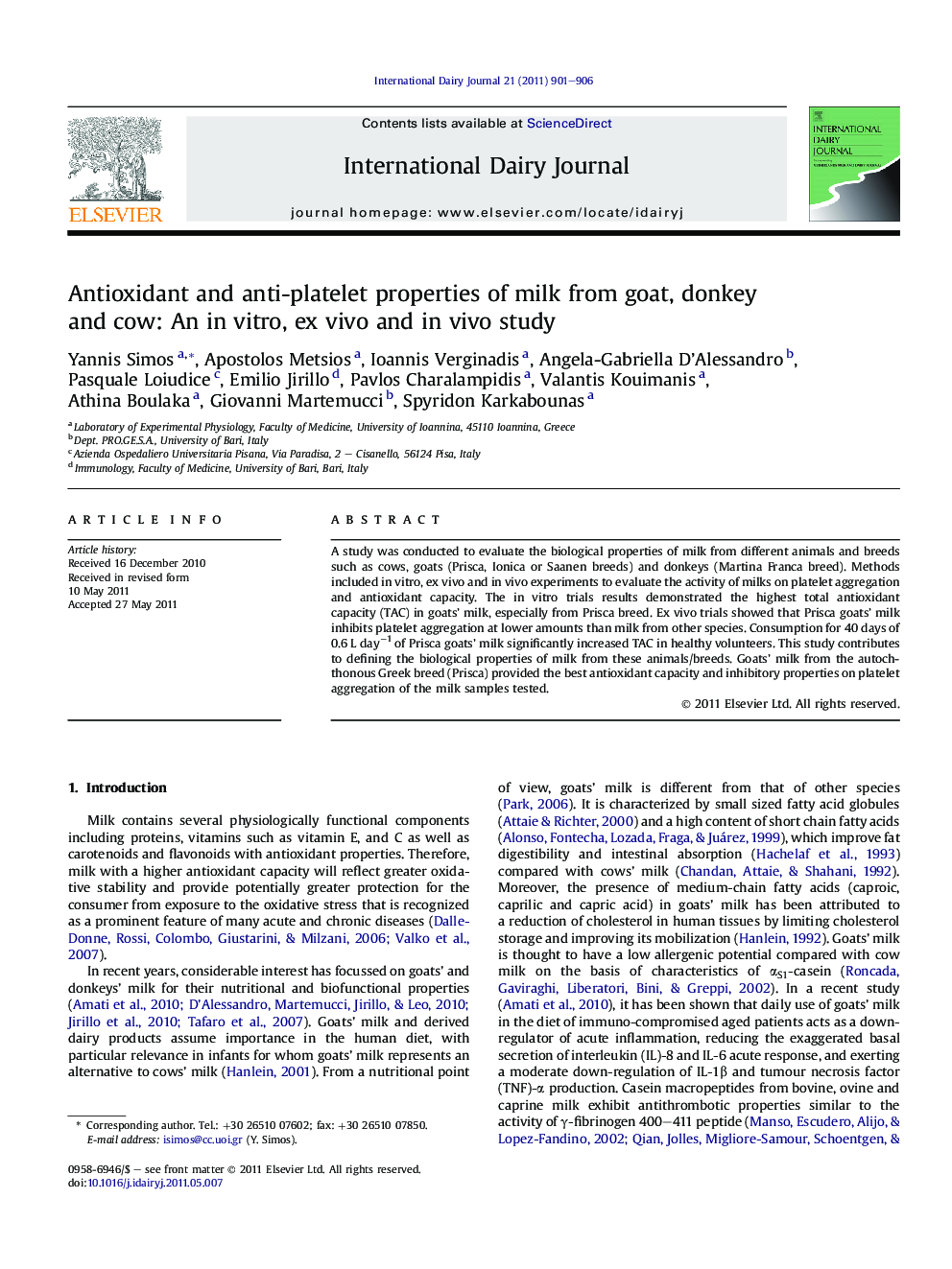 Antioxidant and anti-platelet properties of milk from goat, donkey and cow: An in vitro, ex vivo and in vivo study