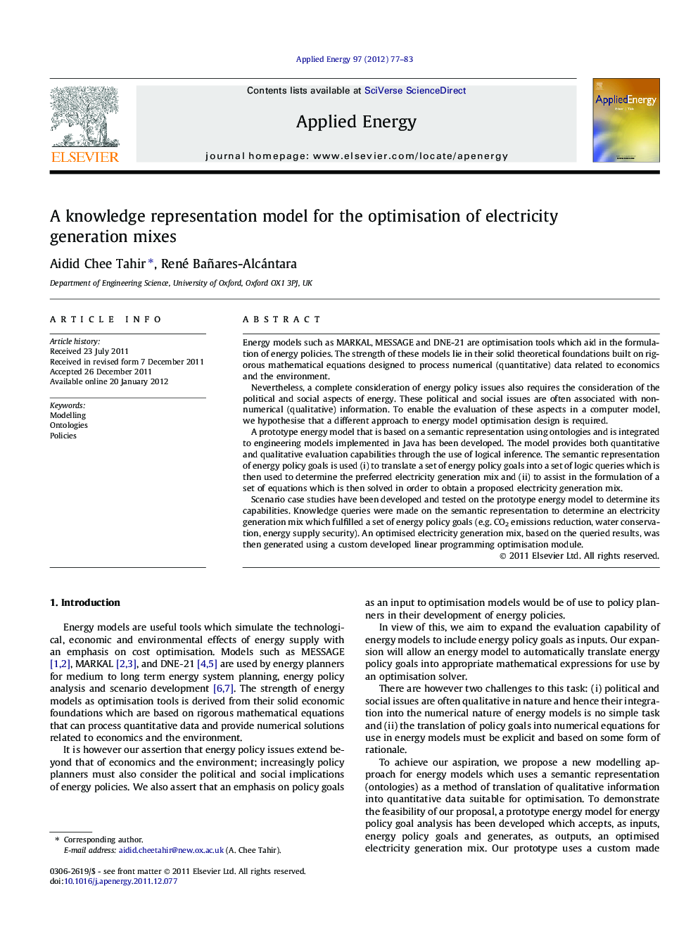 A knowledge representation model for the optimisation of electricity generation mixes