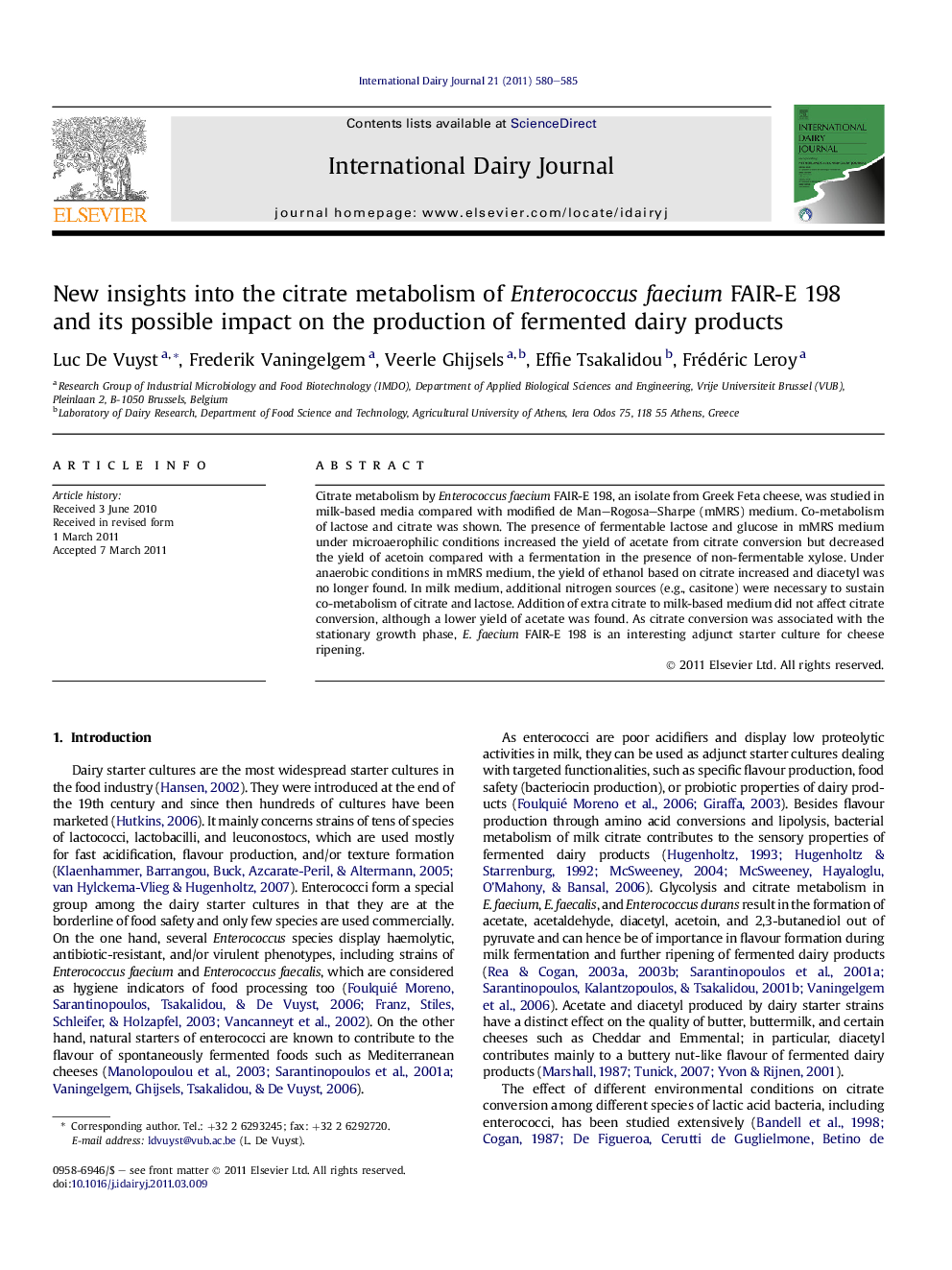 New insights into the citrate metabolism of Enterococcus faecium FAIR-E 198 and its possible impact on the production of fermented dairy products