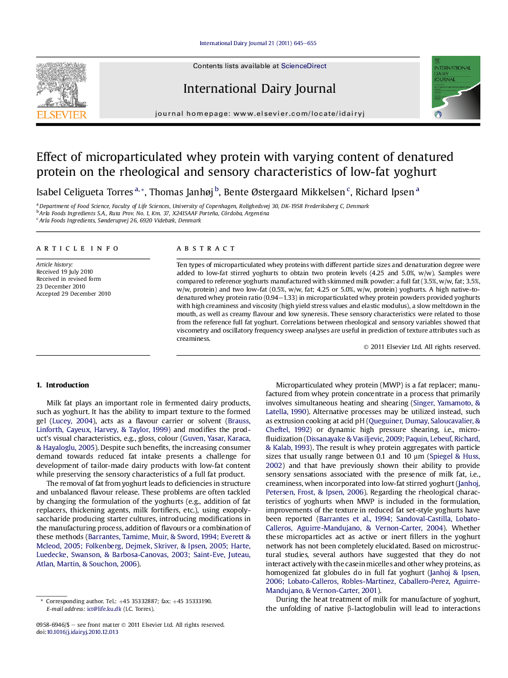 Effect of microparticulated whey protein with varying content of denatured protein on the rheological and sensory characteristics of low-fat yoghurt