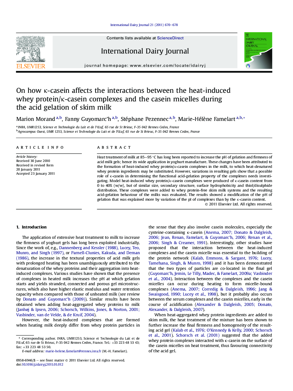 On how κ-casein affects the interactions between the heat-induced whey protein/κ-casein complexes and the casein micelles during the acid gelation of skim milk