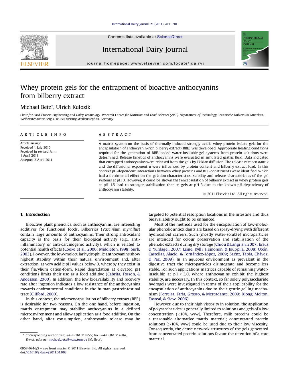 Whey protein gels for the entrapment of bioactive anthocyanins from bilberry extract