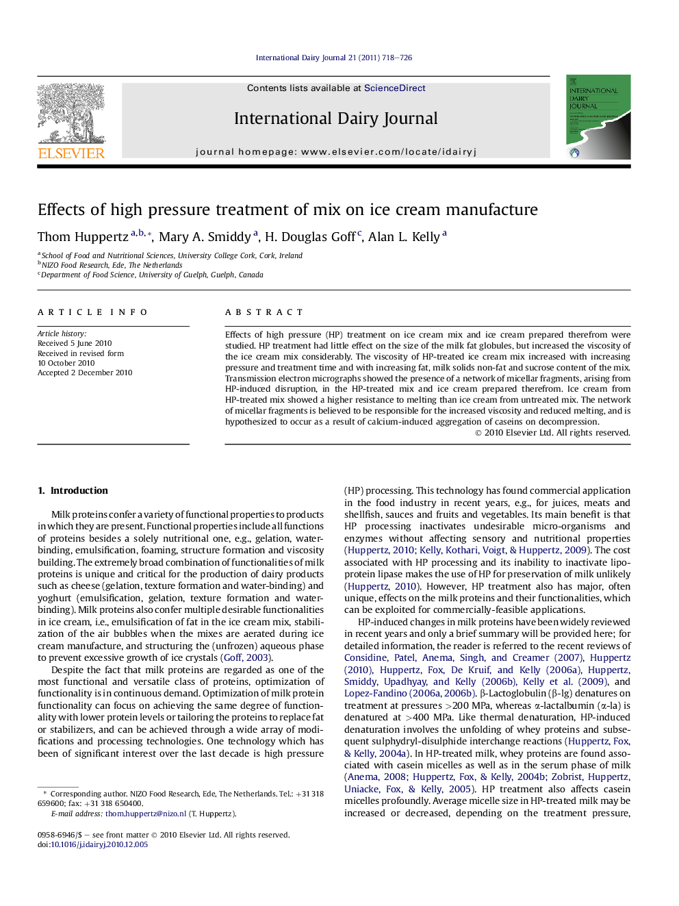 Effects of high pressure treatment of mix on ice cream manufacture