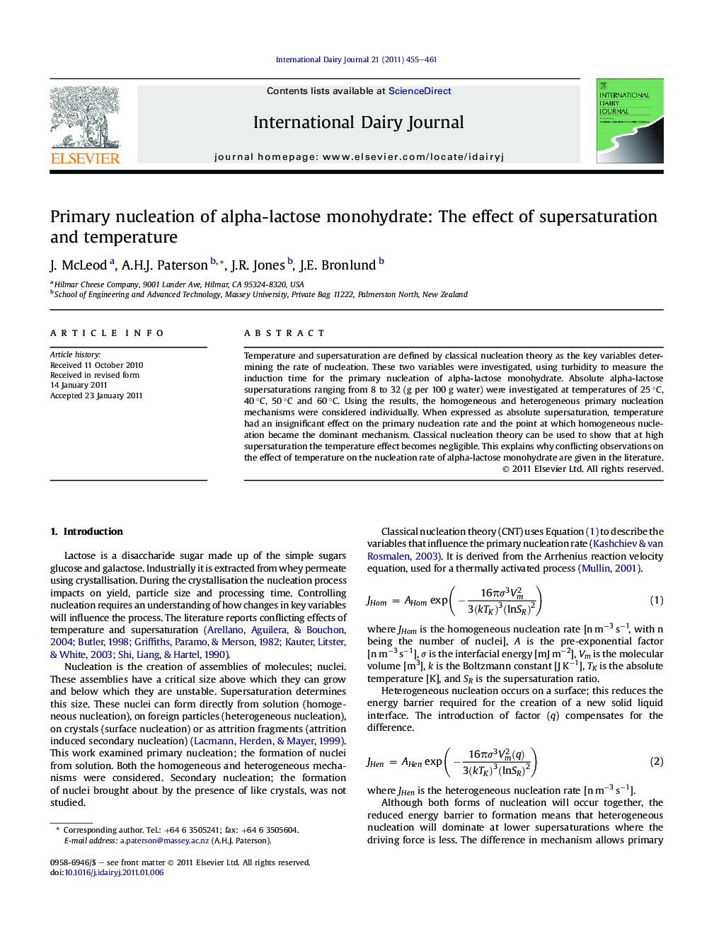 عکس صفحه اول مقاله: Primary nucleation of alpha-lactose monohydrate: The effect of supersaturation and temperature Primary nucleation of alpha-lactose monohydrate: The effect of supersaturation and temperature