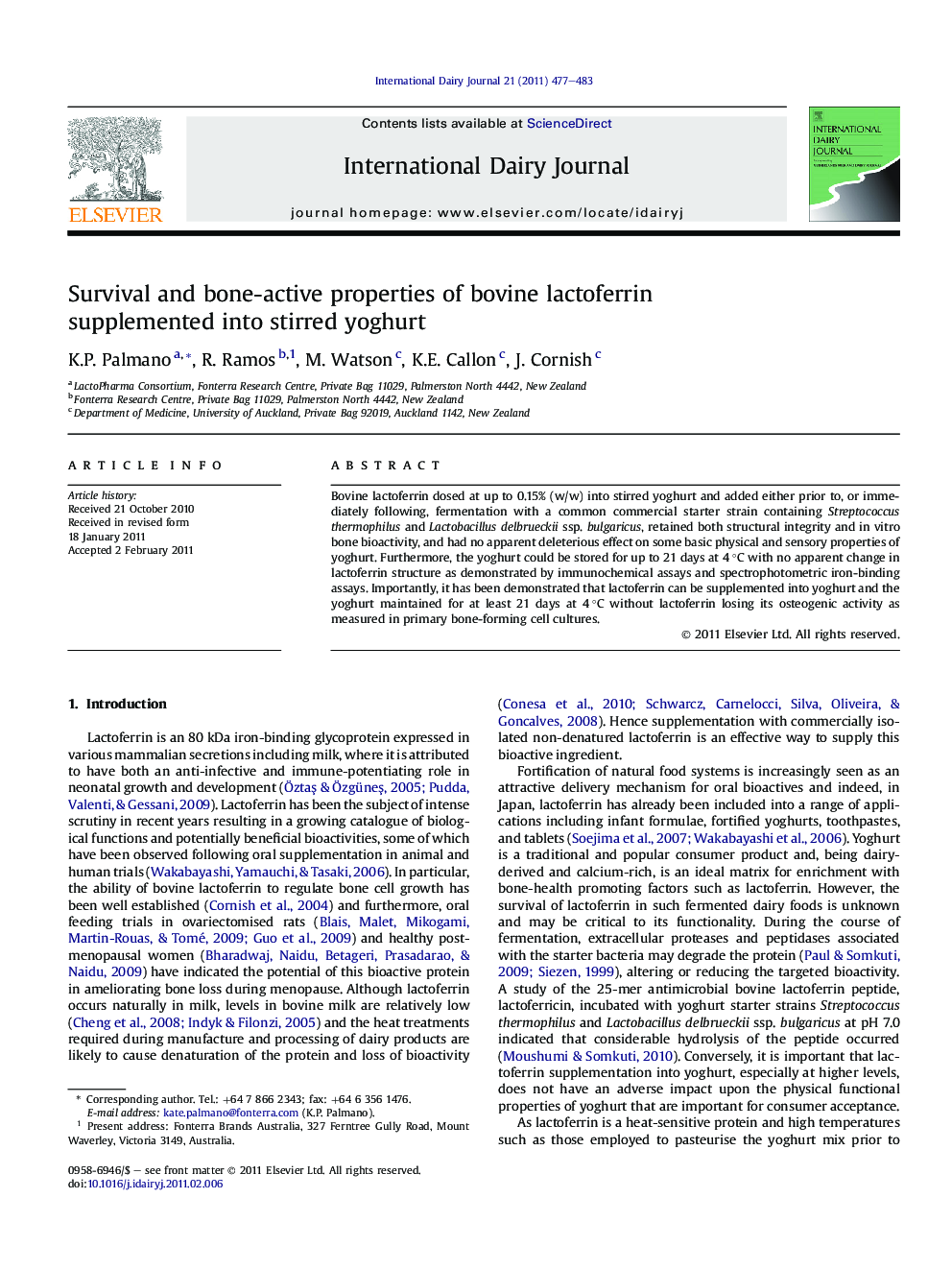 Survival and bone-active properties of bovine lactoferrin supplemented into stirred yoghurt