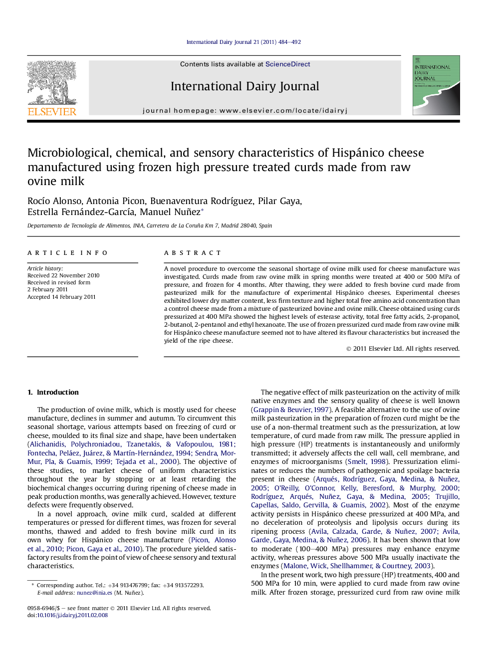 Microbiological, chemical, and sensory characteristics of Hispánico cheese manufactured using frozen high pressure treated curds made from raw ovine milk