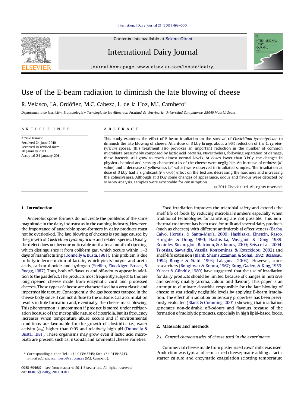 Use of the E-beam radiation to diminish the late blowing of cheese