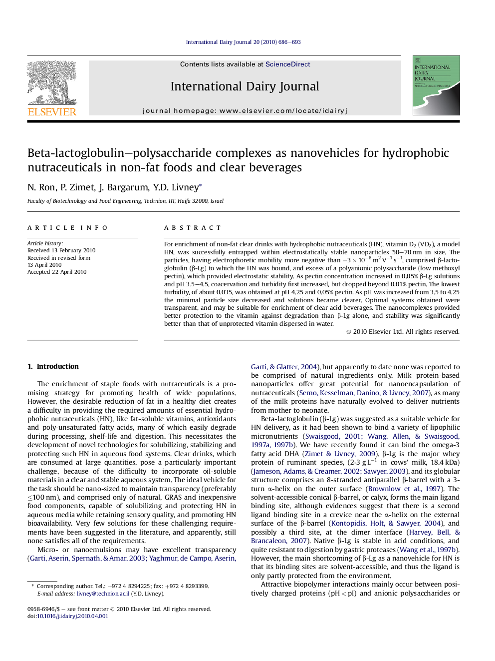 Beta-lactoglobulin–polysaccharide complexes as nanovehicles for hydrophobic nutraceuticals in non-fat foods and clear beverages