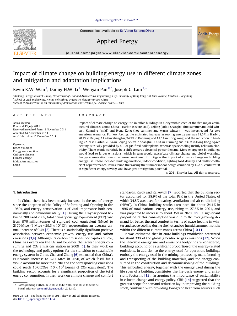 Impact of climate change on building energy use in different climate zones and mitigation and adaptation implications