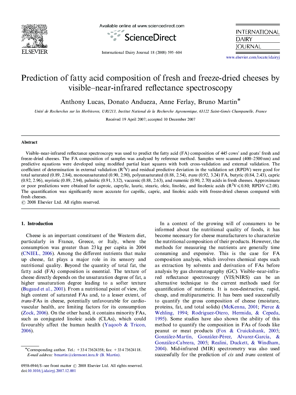 Prediction of fatty acid composition of fresh and freeze-dried cheeses by visible–near-infrared reflectance spectroscopy