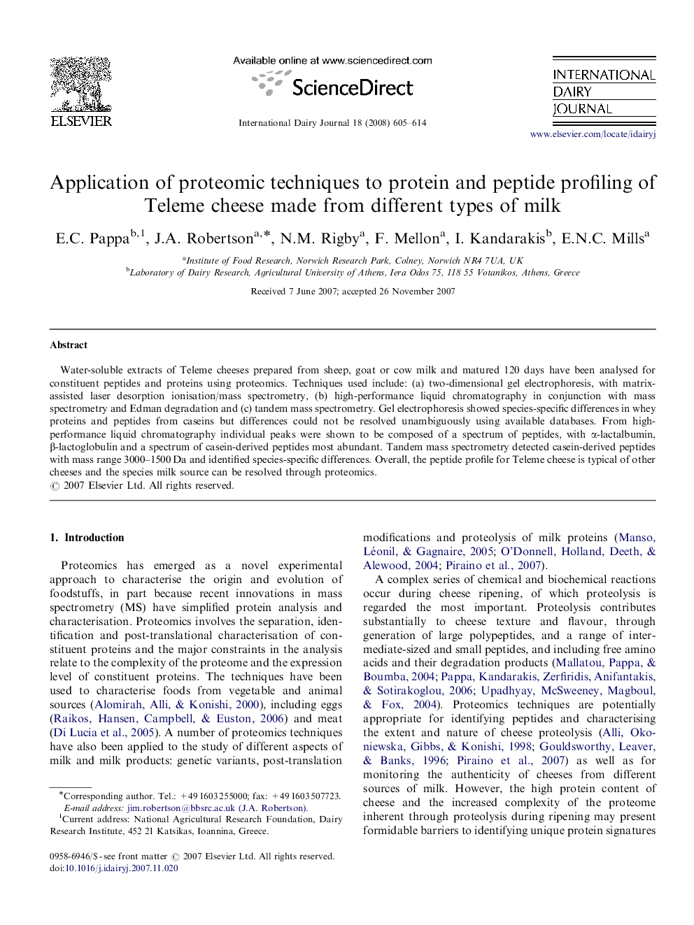 Application of proteomic techniques to protein and peptide profiling of Teleme cheese made from different types of milk