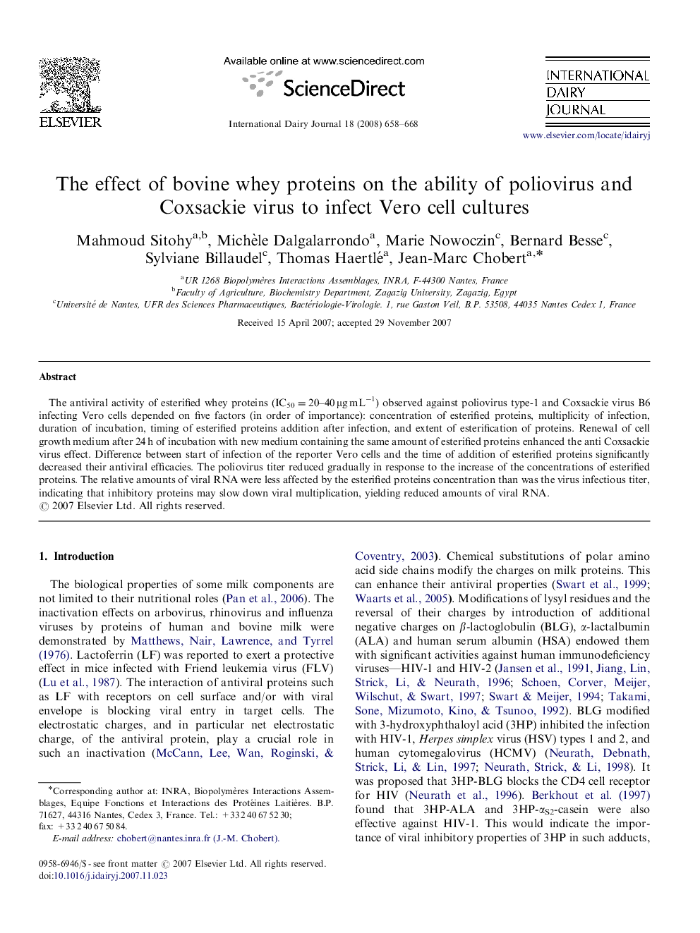 The effect of bovine whey proteins on the ability of poliovirus and Coxsackie virus to infect Vero cell cultures