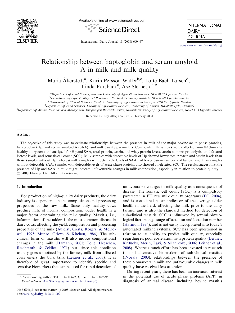 Relationship between haptoglobin and serum amyloid A in milk and milk quality
