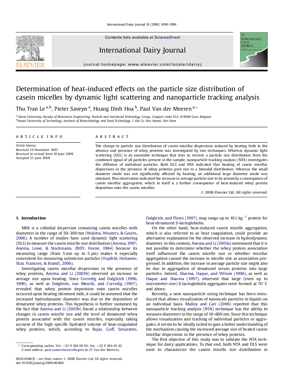 Determination of heat-induced effects on the particle size distribution of casein micelles by dynamic light scattering and nanoparticle tracking analysis