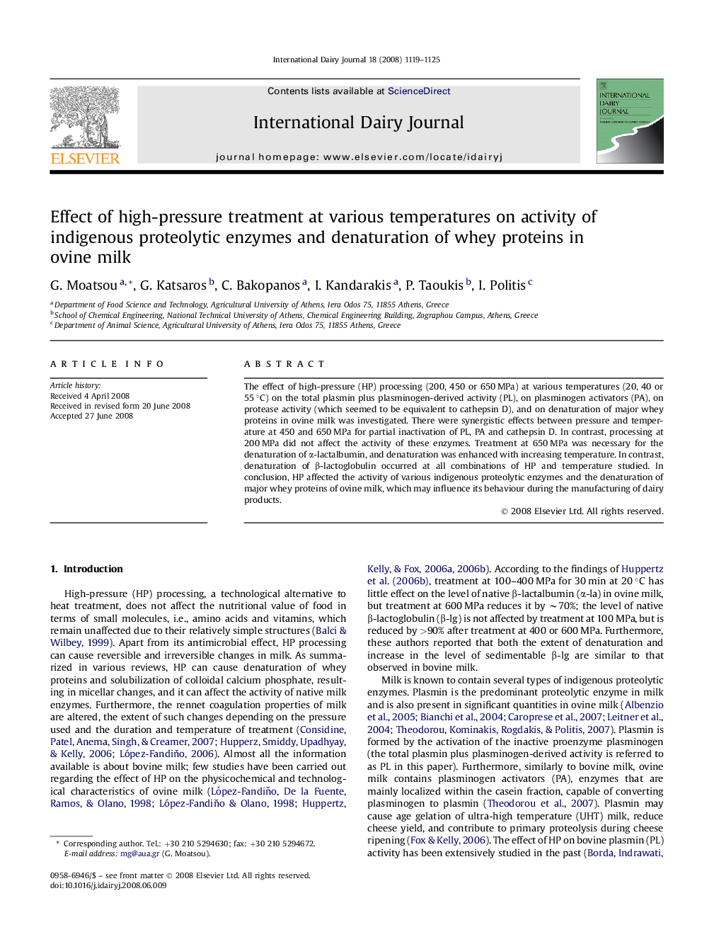 Effect of high-pressure treatment at various temperatures on activity of indigenous proteolytic enzymes and denaturation of whey proteins in ovine milk