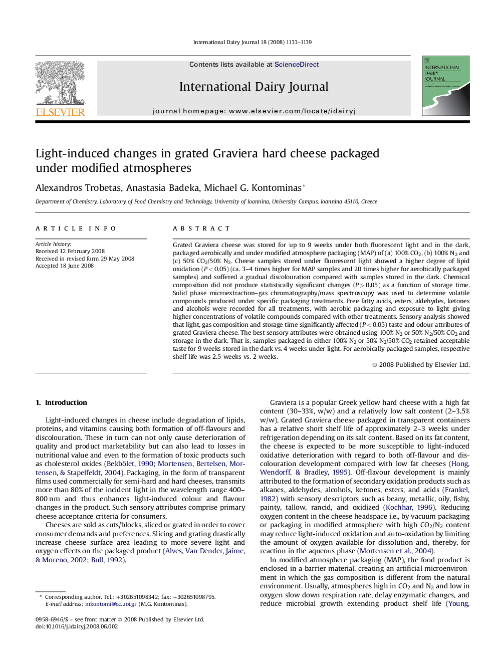 Light-induced changes in grated Graviera hard cheese packaged under modified atmospheres