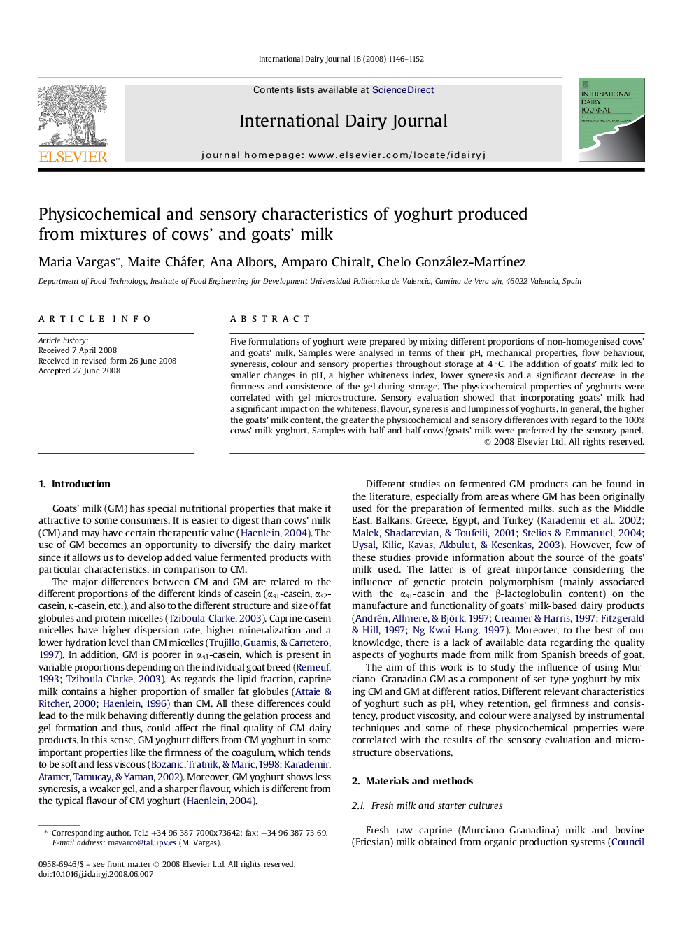 Physicochemical and sensory characteristics of yoghurt produced from mixtures of cows' and goats' milk